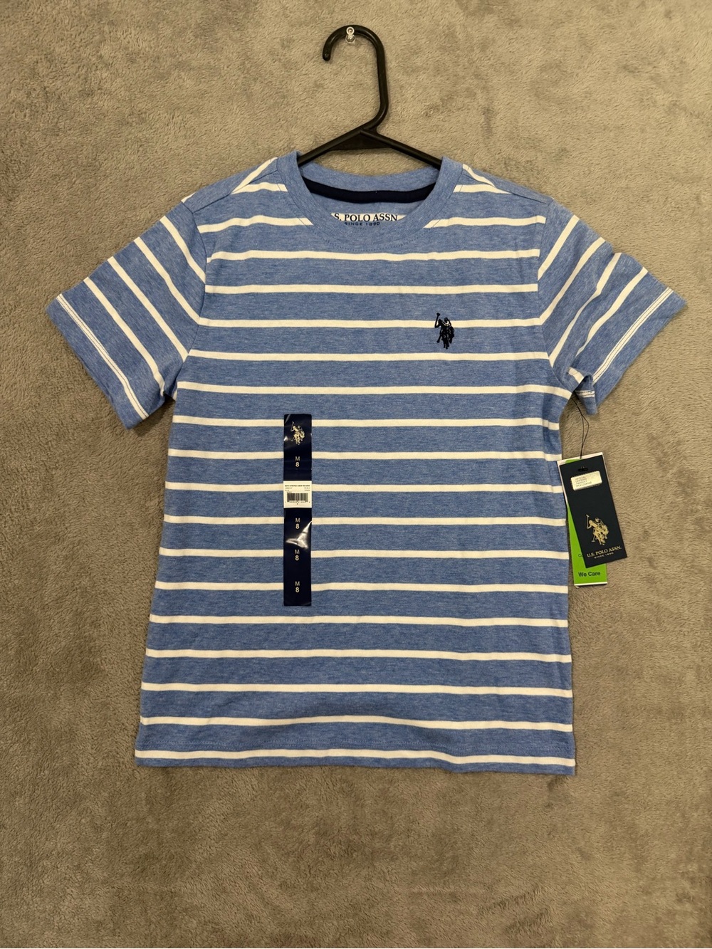 U.S. Polo Assn Boys Size M 8 Blue White Striped T-Shirt Crew Neck NWT